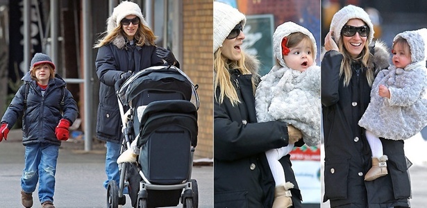 Em imagens de janeiro de 2011, Sarah Jessica Parker leva o filho James ao colégio, em Nova York, acompanhada das gêmeas Marion e Tabitha