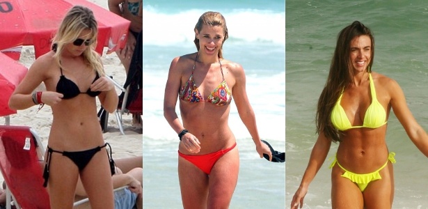 As atrizes Fiorella Mattheis e Carolina Dieckmann e a modelo Nicole Bahls desfilam seus biquínis na praia