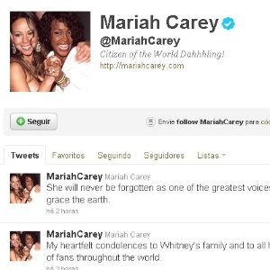 Reprodução de mensagem do perfil de Twitter de Mariah Carey sobre a morte de Whitney Houston (12/2/12)