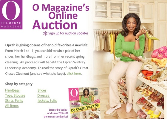 Oprah Winfrey doa objetos pessoais para leilo beneficente no site e-Bay. Toda a renda ser destinada  Oprah Winfrey Leadership Academy, que cuida de meninas de baixa renda em Johanesburgo, na frica do Sul