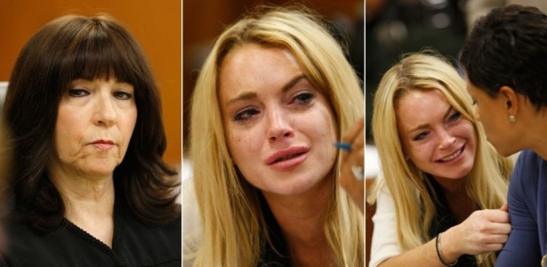 A atriz Lindsay Lohan chora ao escutar a sentença da juíza Marsha Revel (à esq.), durante audiência em Los Angeles (6/7/10)