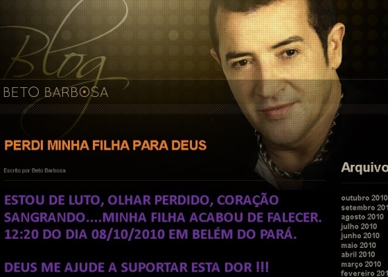 Mensagem do cantor Beto Barbosa em seu site oficial (8/10/2010)