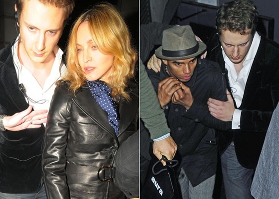 Madonna  fotografada saindo de uma boate com um novo affair, o danarino Brahim Zaibat (de chapu), em Londres (21/10/2010). Zaibat trabalhou com Madonna durante a turn de seu ltimo lbum Sticky and Sweet