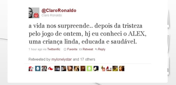 Imagem do Twitter oficial do jogador Ronaldo (6/12/2010)