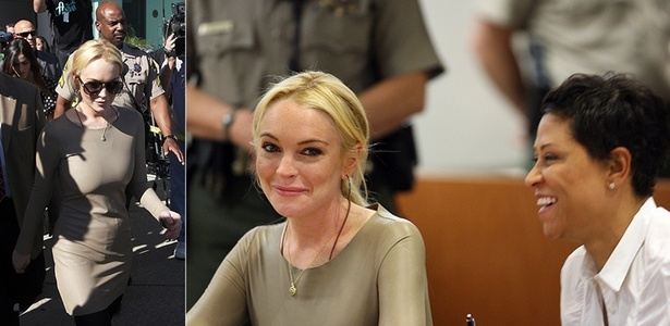 Lindsay Lohan ri ao lado de sua advogada, Shawn Chapman Holley, ao depor na corte de Los Angeles sobre suposto furto de um colar (10/3). Lohan se declarou inocente do caso e a audincia foi adiada 