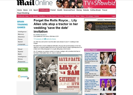 Site do jornal "Daily Mail", que publicou foto do convite de casamento de Lily Allen (30/3/2011) 