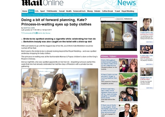 Página do site do "Daily Mail" traz uma sósia de Kate MIddleton olhando roupas de bebê, pelo dia 1º de abril (1/4/2011)