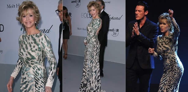 Aos 73 anos, a atriz Jane Fonda exibe boa forma e faz uma dancinha durante o evento amfAR Cinema Against Aids, em Cannes (19/5/2011) - Brainpix