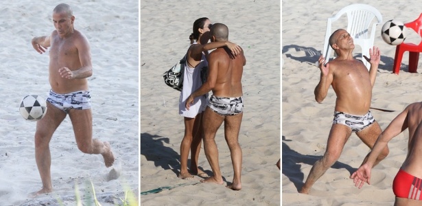 O ator Eri Johnson joga futevôlei e encontra Dani Bananinha em praia no Rio de Janeiro