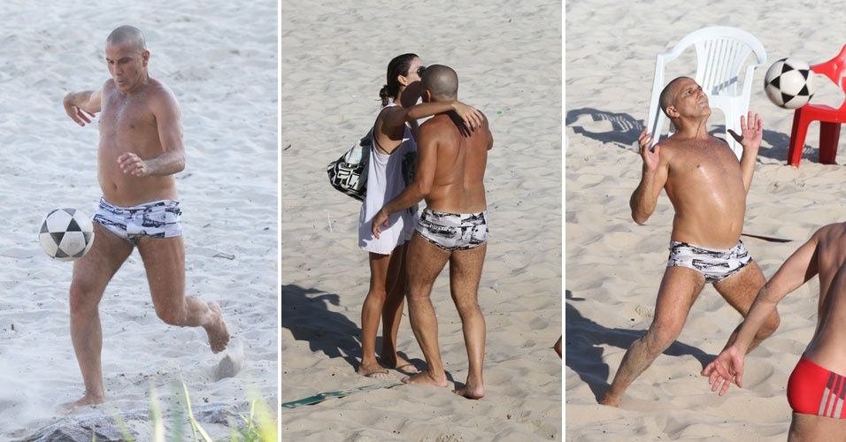 O ator Eri Johnson joga futevolei e encontra Dani Bananinha em praia no Rio de Janeiro