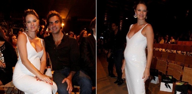 A atriz Letícia Birkheuer exibe barriga de grávida ao lado do noivo, o empresário Alexandre Fumanovich, durante o Fashion Rio (3/6/11)