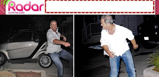 Em foto do Radar Online, o ator Mel Gibson quase cai ao sair de restaurante em Malibu, nos Estados Unidos (09/07/2011)