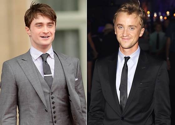 Os atores de "Harry Potter", Daniel Radcliffe (esq.) e Tom Felton (dir.) na première de "Harry Potter e as Relíquias da Morte - Parte 2", em Londres (7/7/2011)