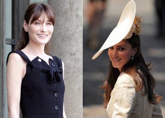 À esquerda, Carla Bruni em evento no Palácio do Eliseu (13/7/11); à direita, Kate Middleton no casamento de Mike Tindall e Zara Phillips (30/7/11)