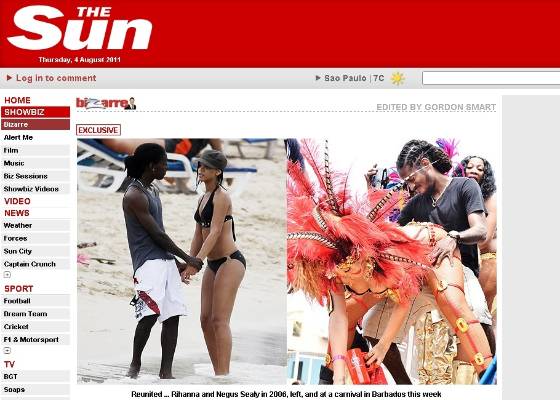 Site do "The Sun" publica foto de Rihanna com o ex e suposto atual namorado Negus Sealy em Barbardos (4/8/2011). Foto da esquerda é de 2006.