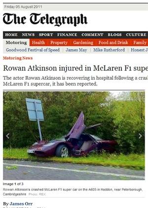 Imagem do carro do ator Rowan Atkinson, o Mr. Bean, após acidente ocorrido na noite desta quinta-feira, publicada no site do jornal inglês "The Telegraph" (4/8/11)