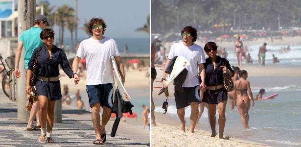 A atriz Aparecida Petrowky e o cantor Felipe Dylon passeiam na praia de Ipanema, no Rio (29/8/11)