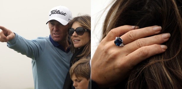 Shane Warne e Elizabeth Hurley vão a campeonato de golfe com o filho da atriz, Damian. Hurley ainda exibe o anel de noivado, um dia após ter recebido a proposta de casamento (01/10/11)