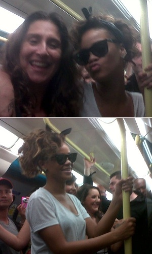 Rihanna pega metrô para ir a seu show em Londres, e posa para fotos com fãs (5/10/2011)