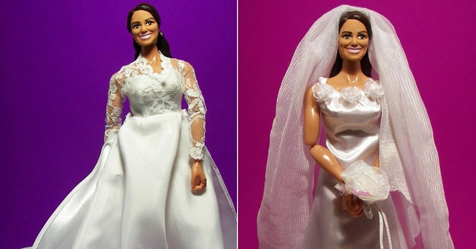 Boneca de Kate Middleton com vestido usado em seu casamento com o Príncipe William (à esquerda) e com outro vestido de noiva (à direita) (7/11/2011)
