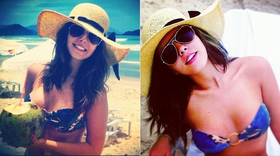 De férias, Giovanna Lancellotti vai à praia e toma água de coco. A atriz colocou as imagens de seu dia de sol no Twitter (16/1/12)