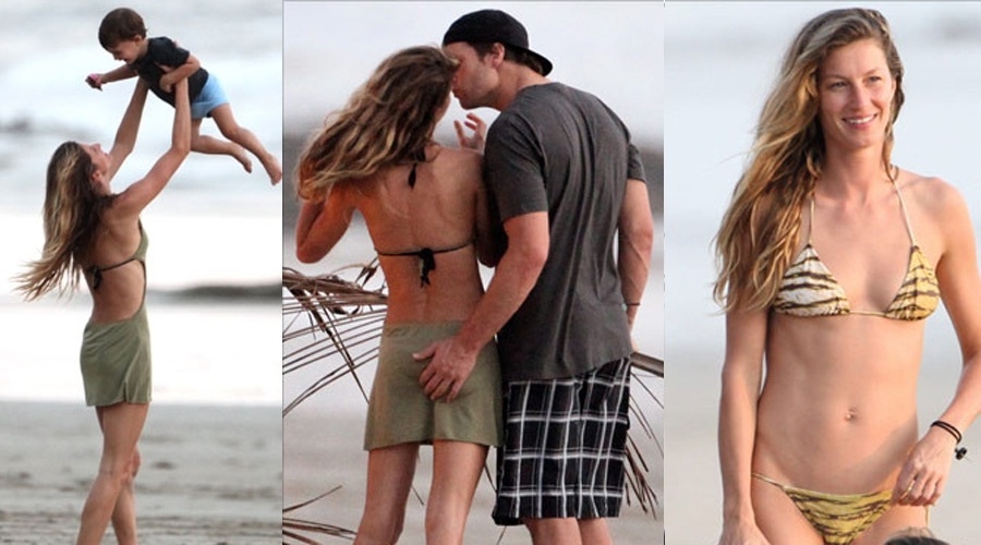 Gisele Bundchen brinca com o filho Benjamim e é beijada pelo marido Tom Brady em uma praia da Costa Rica, onde a família Bundchen-Brady passa férias (20/2/12)