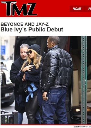 Foto do site "TMZ" mostra a cantora Beyoncé e o rapper Jay-Z com a filha Blue Ivy, na primeira aparição pública da menina (25/2/12)
