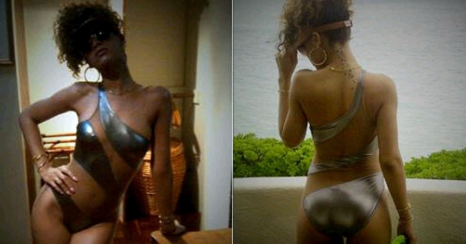 Rihanna exibe boa forma em um maiô prateado durante férias no Havaí (17/1/12)