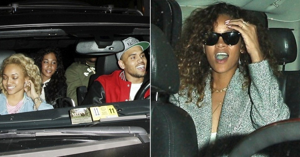 Após rumores de que estariam juntos novamente, Rihanna e Chris Brown vão a mesma boate em West Hollywood, na Califórnia, mas o rapper aparece acompanhado da namorada, Karrueche Tran (à esquerda) (23/1/12)