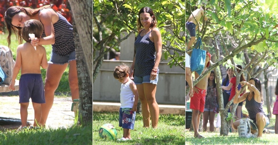 Atriz Carla Marins se diverte  com o filho Leon em parque da Barra da Tijuca, no Rio de Janeiro (24/1/12)