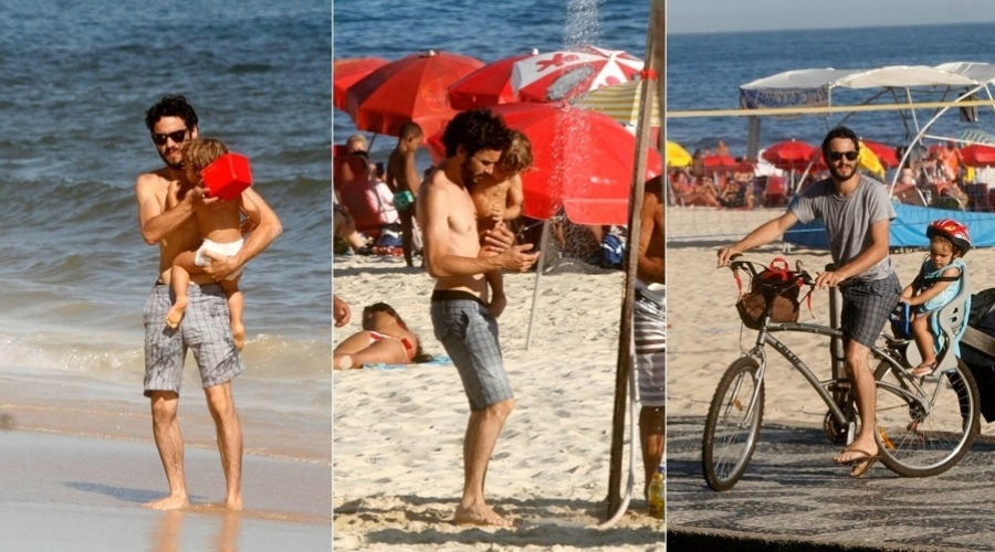 Caio Blat curte praia com o filho no Leblon, zona sul do Rio (25/1/12)