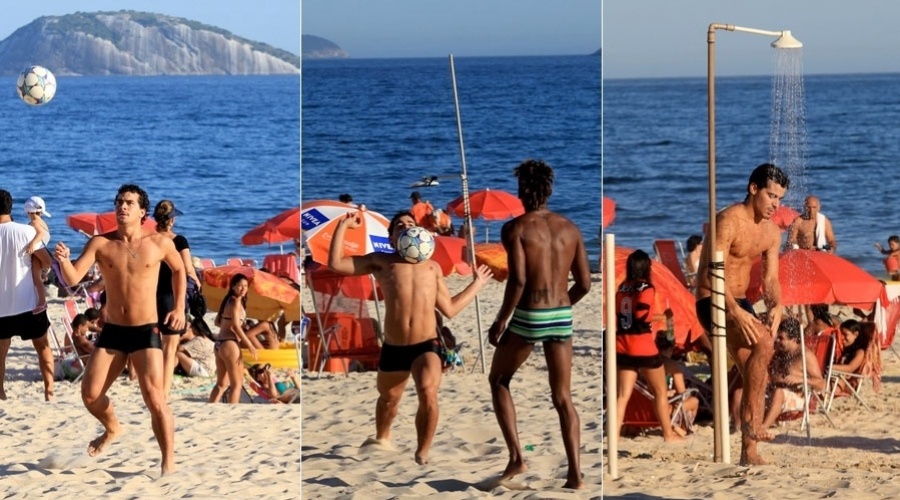 Thiago Martins joga futebol na praia do Leblon, zona sul do Rio de Janeiro (25/1/12)