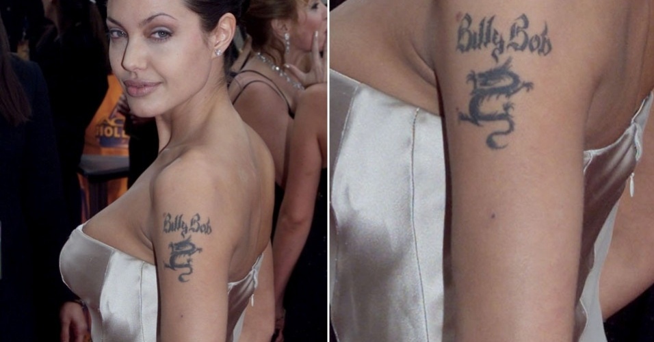 A estrela Angelina Jolie também já foi adepta do desenho de dragão no corpo, que vinha acompanhado do nome do ex, Billy Bob. Quando o relacionamento acabou, Angelina também se livrou da tatuagem. Hoje, no mesmo lugar, a mulher de Brad Pitt tem gravadas as coordenadas do local de nascimento de seus seis filhos
