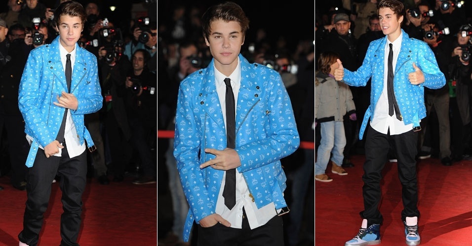 Com os cabelos penteados para trás, o cantor Justin Bieber chega ao NRJ Music Awards 2012 em Cannes, na França (28/1/12)