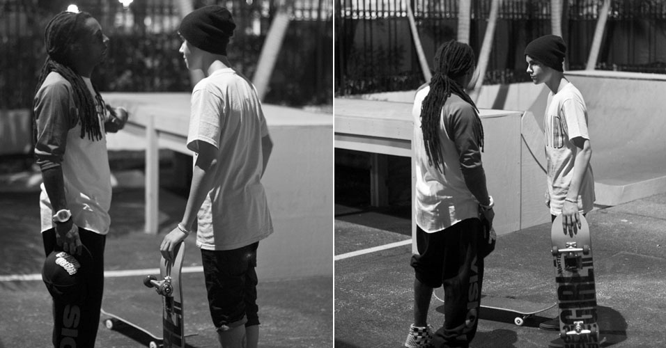 Justin Bieber e o rapper Lil Wayne andam de skate juntos. "Quando eu digo grande irmão, eu quero dizer @LilTunechi", escreveu o cantor no Twitter (2/2/12)