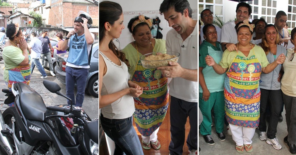 O apresentador Edu Guedes sobe o morro do Vidigal vestido de moto-taxista para surpreender a cozinheira Tia Léa, moradora do local (11/2/2012)