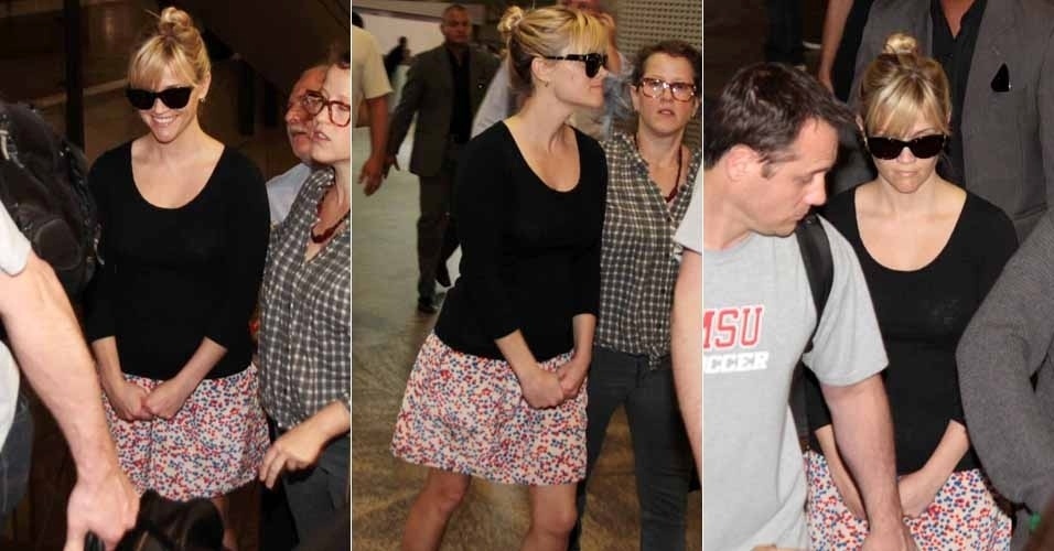 Reese Witherspoon desembarca no Brasil para divulgar o filme "Guerra é Guerra", que estreia no Brasil dia 16 de março. Sorridente, a atriz chegou nesta quinta-feira no Aeroporto Internacional de Guarulhos, em São Paulo (8/3/12)