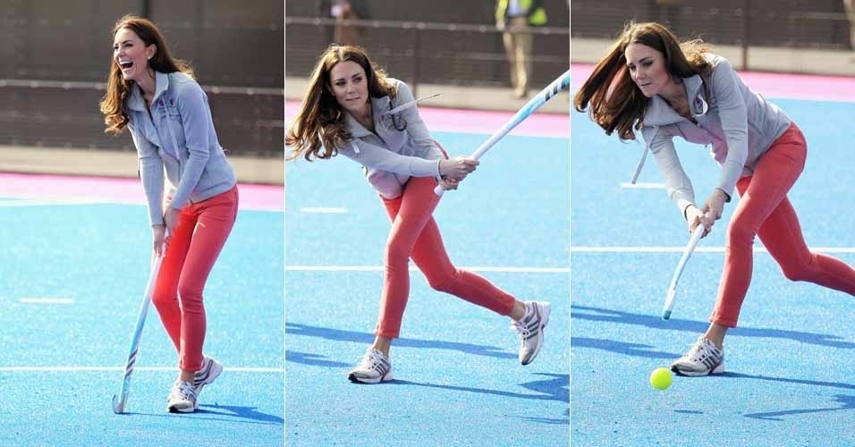 Com roupa esportiva, Catherine Middleton, a duquesa de Cambridge, mulher do príncipe William, joga hockey com os jogadores do Riverside Arena durante visita ao Parque Olímpico de Londres. Londres irá sediar os Jogos Olímpicos este ano (15/3/12)