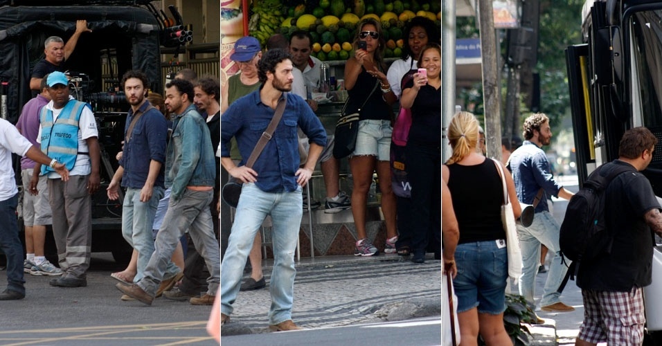 Gabriel Braga Nunes grava cenas da novela Amor Eterno Amor, em Copacabana, no Rio. O ator embarcou em um ônibus e enquanto esperava o veículo, fãs tiraram fotos com o celular (17/3/12)