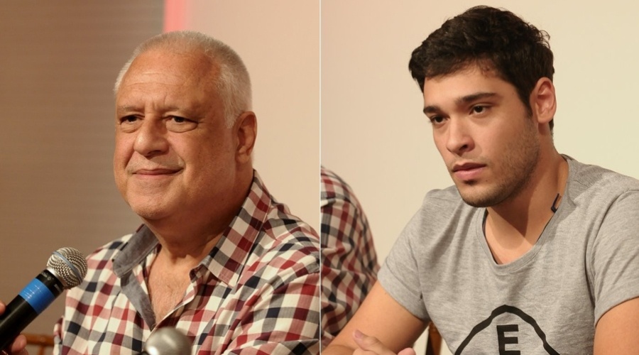 Antônio Fagundes e o filho, Bruno Fagundes, em coletiva de imprensa para apresentar a peça "Vermelho", no Teatro Geo, em São Paulo (20/3/2012)