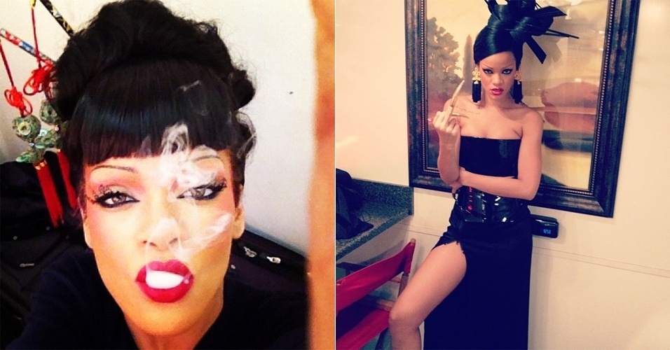 Rihanna posta foto com look que define como "gangster gótica gueixa" no Twitter, faz gesto obceno com unhas gigantes e solta fumaça (23/3/2012)