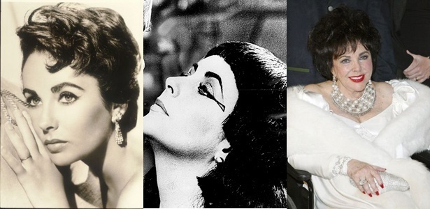 Montagem mostra três momentos de Liz Taylor: ícone de beleza, no filme "Cleópatra" e mais velha