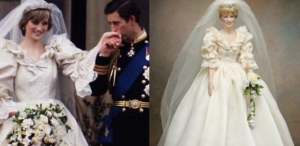 Imagem do casamento de Lady Di (1981), em que a princesa usa a coroa que Kate Middleton quer dispensar. Ao lado, boneca com reprodução do vestido, coroa, véu e buquê usados por Lady Di - Divulgação