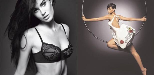 Megan Fox em campanha de lingerie da Emporio Armani; e Rihanna em foto para Gucci de 2008 - Divulgação