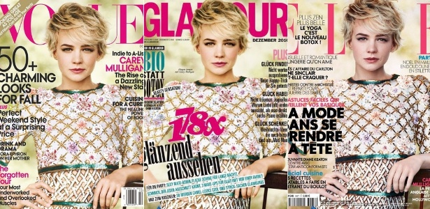 Uma foto, três capas: "Vogue" (outubro 2010), "Glamour" (dezembro 2010) e "Elle" (novembro 2011) - Montagem/UOL