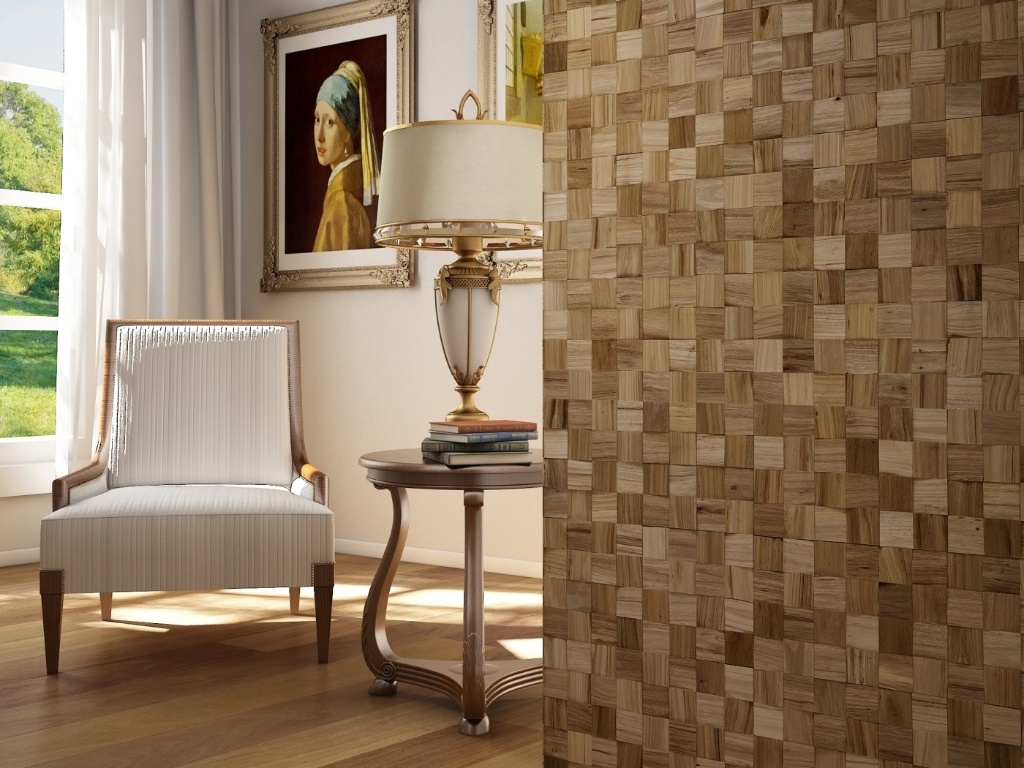 Pisos de madeira e de pastilhas produzidas com material de demolição (painel em primeiro planto) da Indusparquet - Divulgação