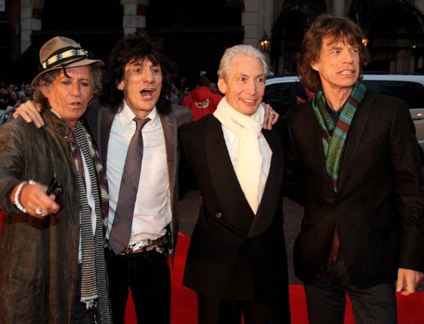 Os integrantes do Rolling Stones Keith Richards, Ronnie Wood, Charlie Watts e Mick Jagger no lançamento do filme "Shine a Light", em Londres (02/04/2008) - Getty Images