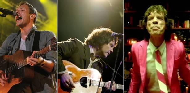 Chris Martin (Coldplay), Jeff Tweedy (Wilco) e Mick Jagger (Superheavy) em montagem