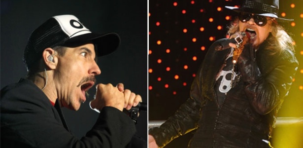 Anthony Kiedis (à esq.), vocalista do Red Hot Chilli Peppers e Axl Rose, do Guns N" Roses; as duas bandas foram nomeadas para o "Hall da Fama do Rock" de 2012 - Getty Images