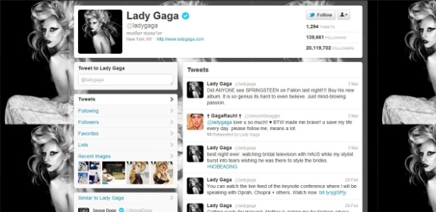 Twitter da cantora norte-americana Lady Gaga (5/3/2012)